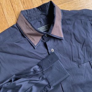 Dark Blue Prada shirt with brown appliqué collar size 41/16 large
